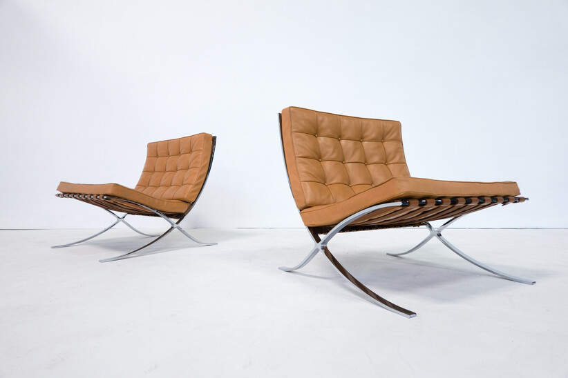 Pair of Cognac Leather Barcelona Chairs by Mies Van Der Rohe for Knoll, 1990s