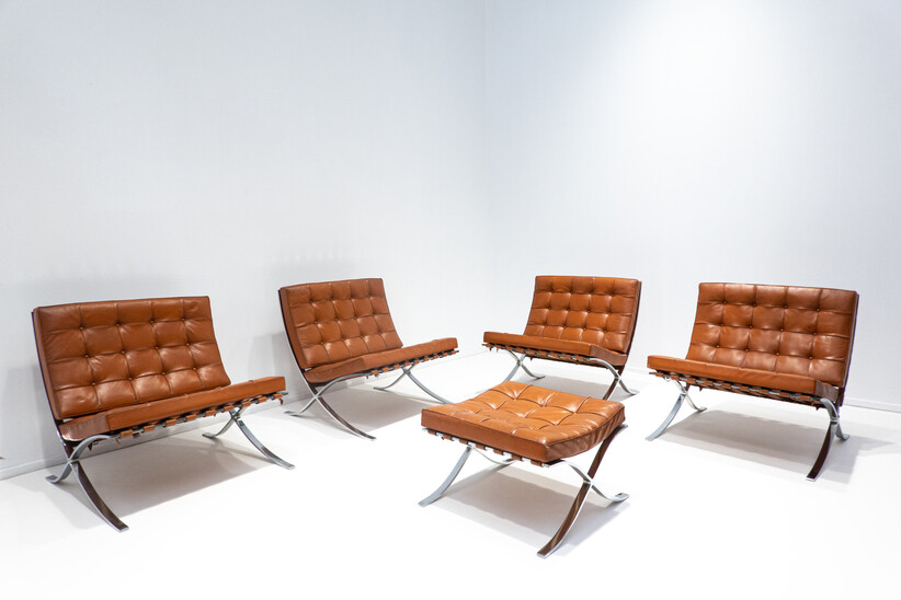 Pair of Cognac Leather Barcelona Chairs with Ottoman by Mies Van Der Rohe for Knoll, 1960s