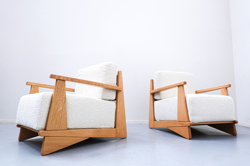 Pair of Contemporary Armchairs, Oak and White Fabric, 50s Style 
