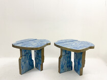 Pair of Contemporary Brass and Ceramic Blue Side Table, Italy