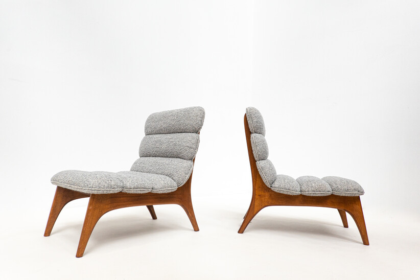 Pair of Contemporary Easy Chairs, Wood and Fabric, Italy