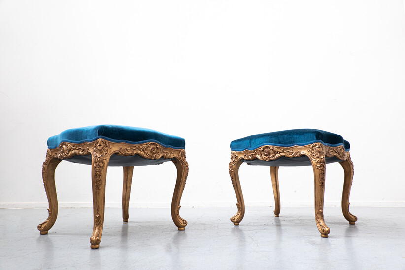 Pair of Contemporary Stools, Louis XV Style, Blue Velvet, Belgium