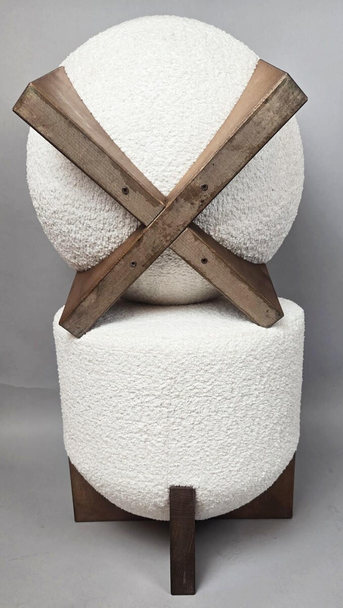 Pair of contemporary stools, wood and white bouclé fabric