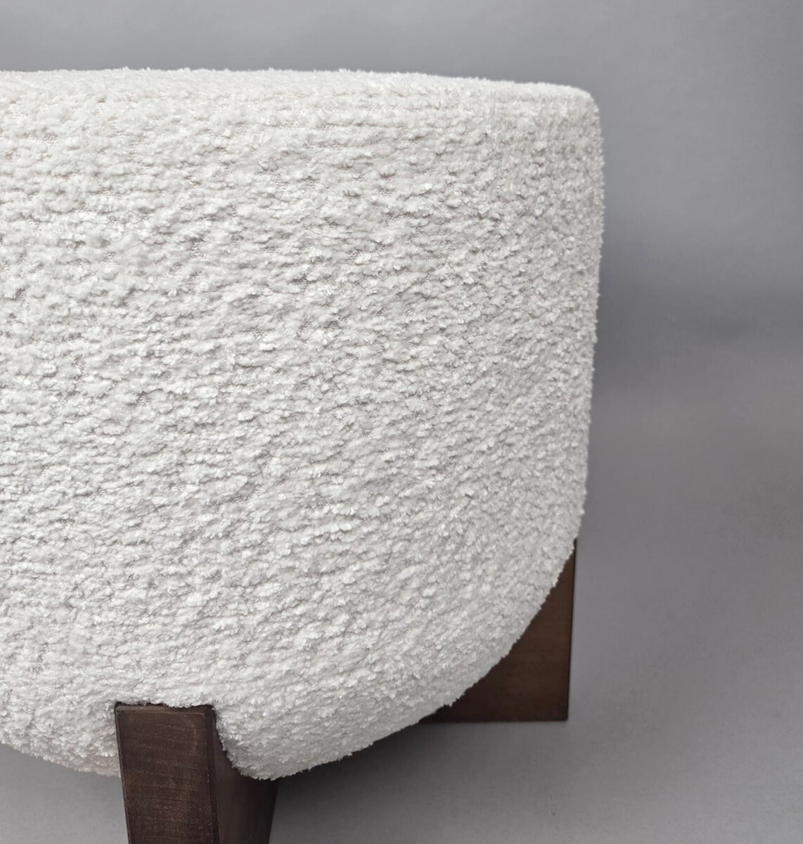 Pair of contemporary stools, wood and white bouclé fabric