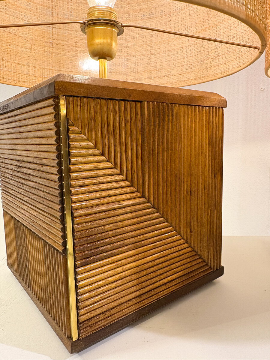 Pair of Contemporary Table Lamps, Brass and Wood, Italy 