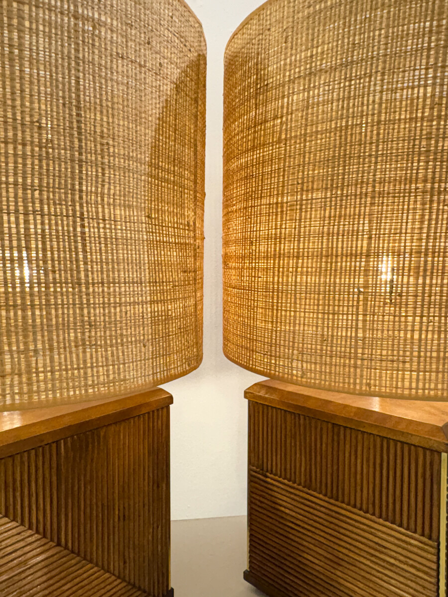 Pair of Contemporary Table Lamps, Brass and Wood, Italy 