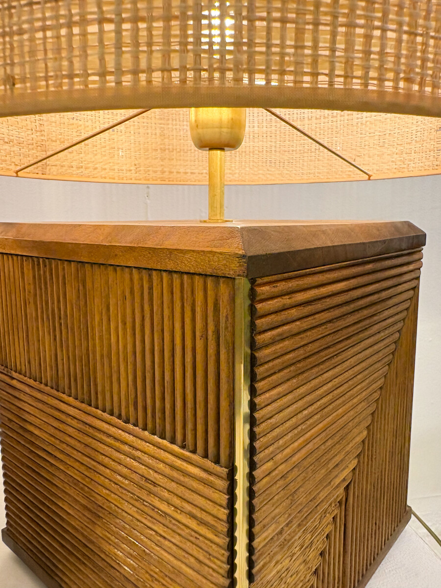 Pair of Contemporary Table Lamps, Brass and Wood, Italy 