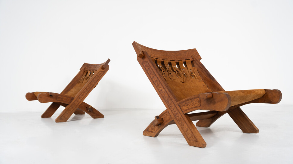 Pair of Folding Chair, Wood and Leather, Brazilian style
