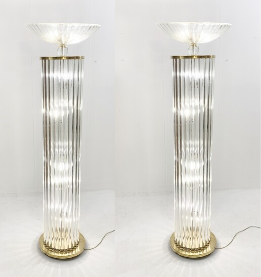 Pair of glass and brass floor lamps - Italy 1970s