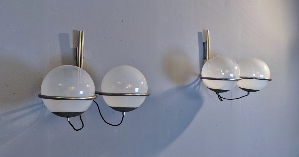 Pair of Glass and Chrome Italian Sconces, two pair available