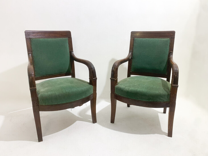Pair of Green Armchairs, Empire, Mahogany, XIX 