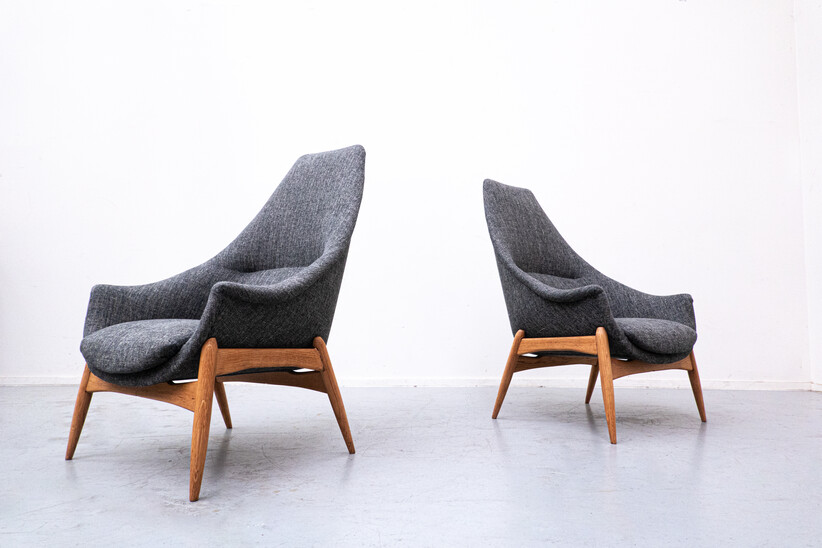 Pair of Grey Fabric Armchairs by Julia Gaubek, New Upholstery, Hungary, 1950s