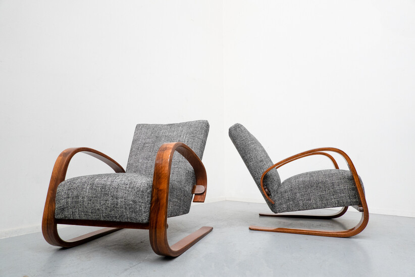 Pair of Grey Lounge Chairs by Miroslav Navratil,Walnut, 1930s