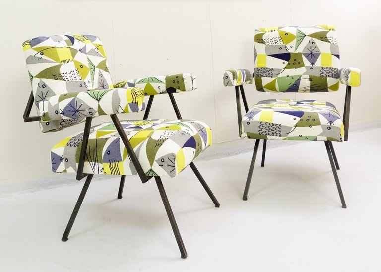Pair Of Italian Armchairs - New Fish Woven Fabric Upholstery