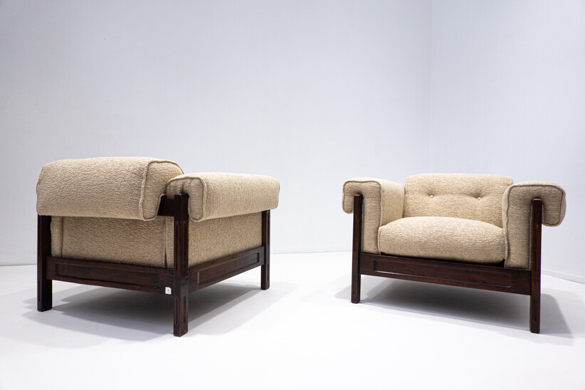 Pair of Italian Armchairs, Wood and Fabric, Italy, 1960s
