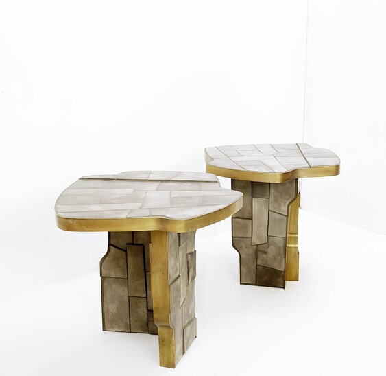 Pair of Italian Contemporary Brass and Ceramic Side Tables