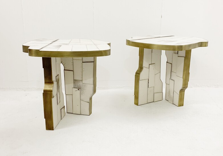 Pair of Italian Contemporary Brass and white Ceramic Side Tables