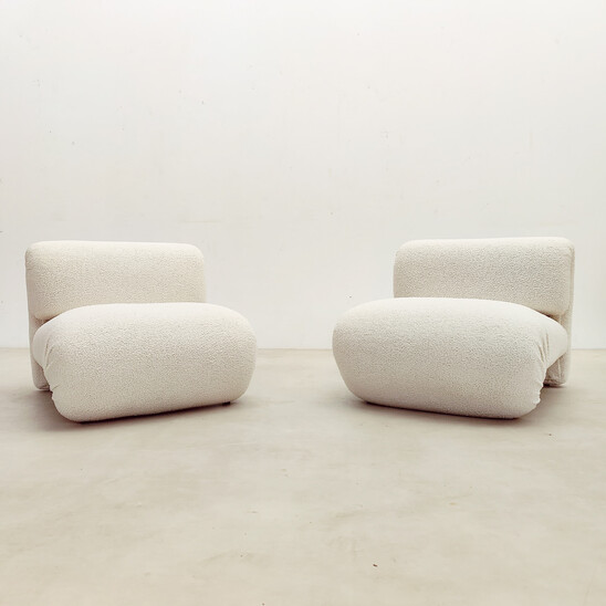 Pair of Italian Lounge Chairs, White Boucle Fabric , 1960s