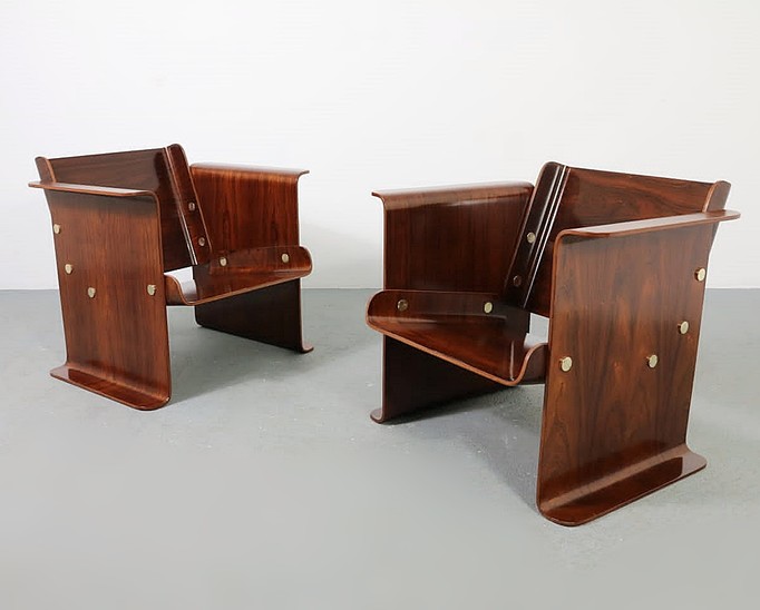 Pair Of Italian Plywood Rosewood Curved Armchairs