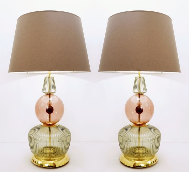 Pair Of Italian Table Lamps In Transparent And Smoked Pink Glass
