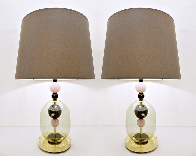 Pair Of Italian Table Lamps In Transparent Smoked Pink and black Glass