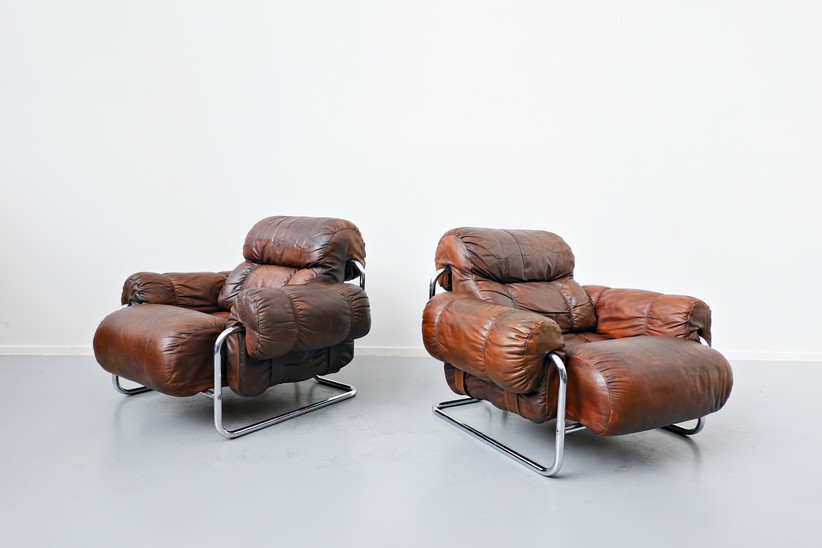 Pair of Italian “Tucroma” Armchairs by Guido Faleschini, Leather 