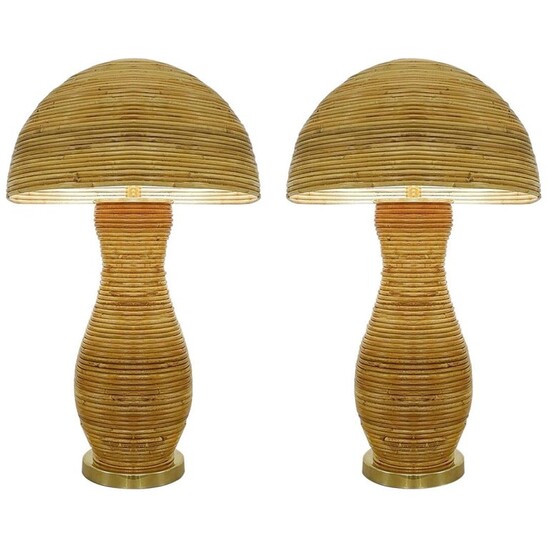 Pair of large brass and bamboo table lamp
