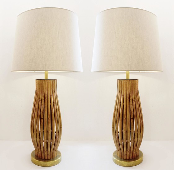 Pair Of Large Brass And Bamboo Table Lamps