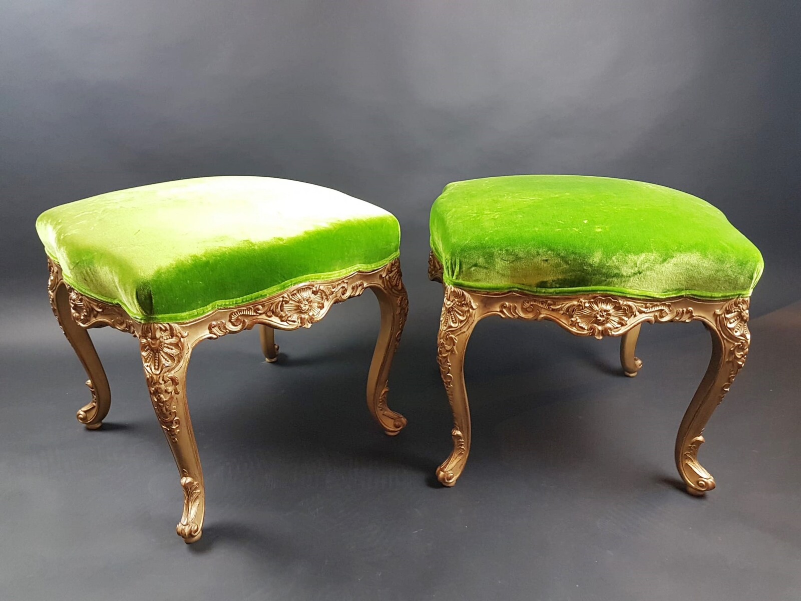 Pair of Louis XV style stools in gilded wood, early 20th