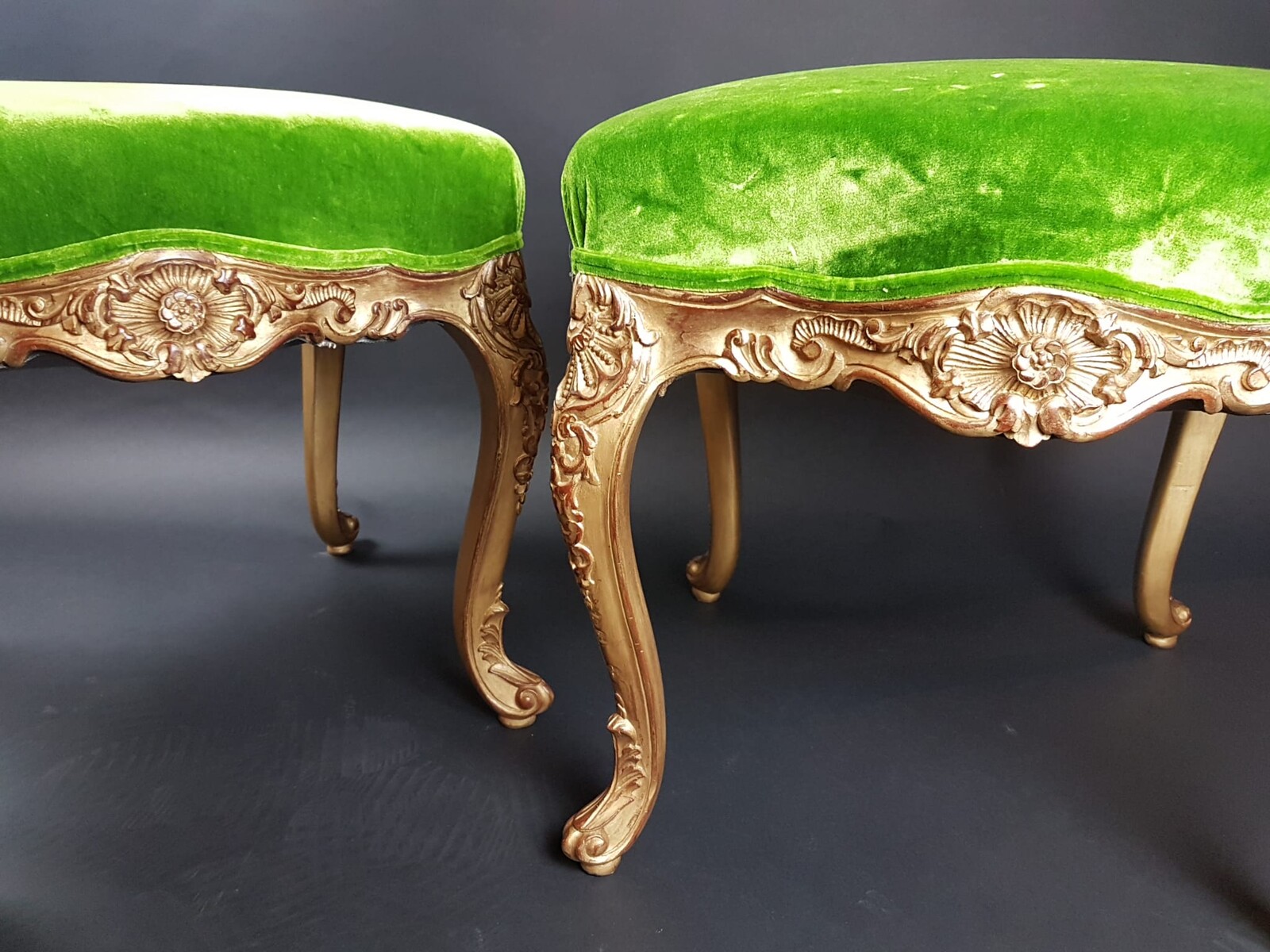 Pair of Louis XV style stools in gilded wood, early 20th