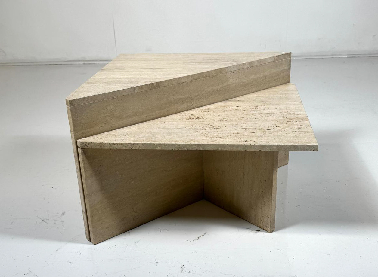 Pair of Low Triangular Travertine Tables Up & Up, 1970s