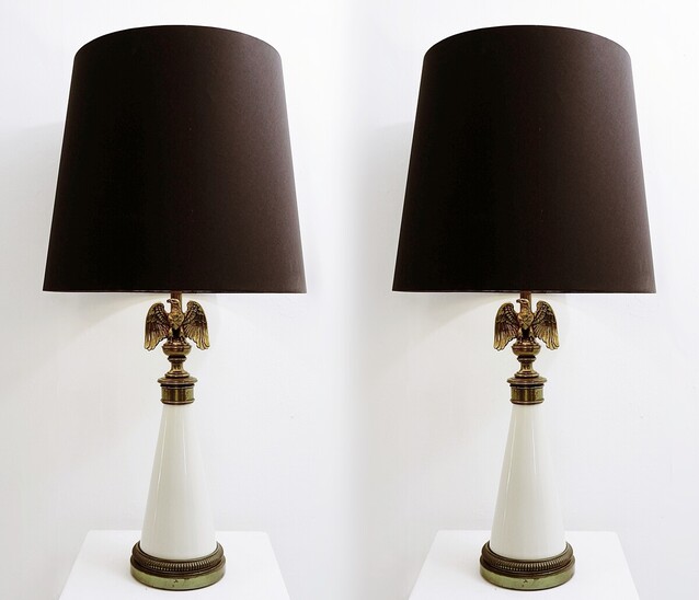 Pair of Mid-Century  American Eagle Table Lamps, Ceramic and Brass