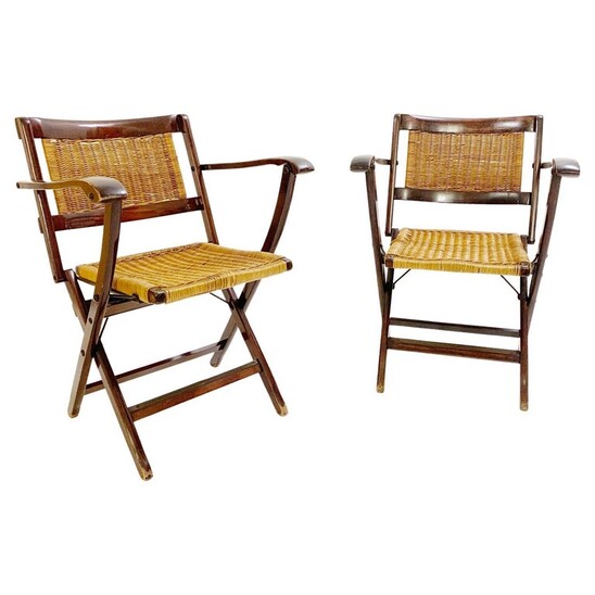 Pair of mid-century cane and wood foldable armchairs - Italy 1950s