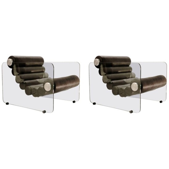 Pair of mid-century glass and black leather modulable armchairs model 