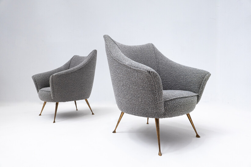 Pair of mid-century grey new upholstery and brass feets armchairs - Italy 1950s