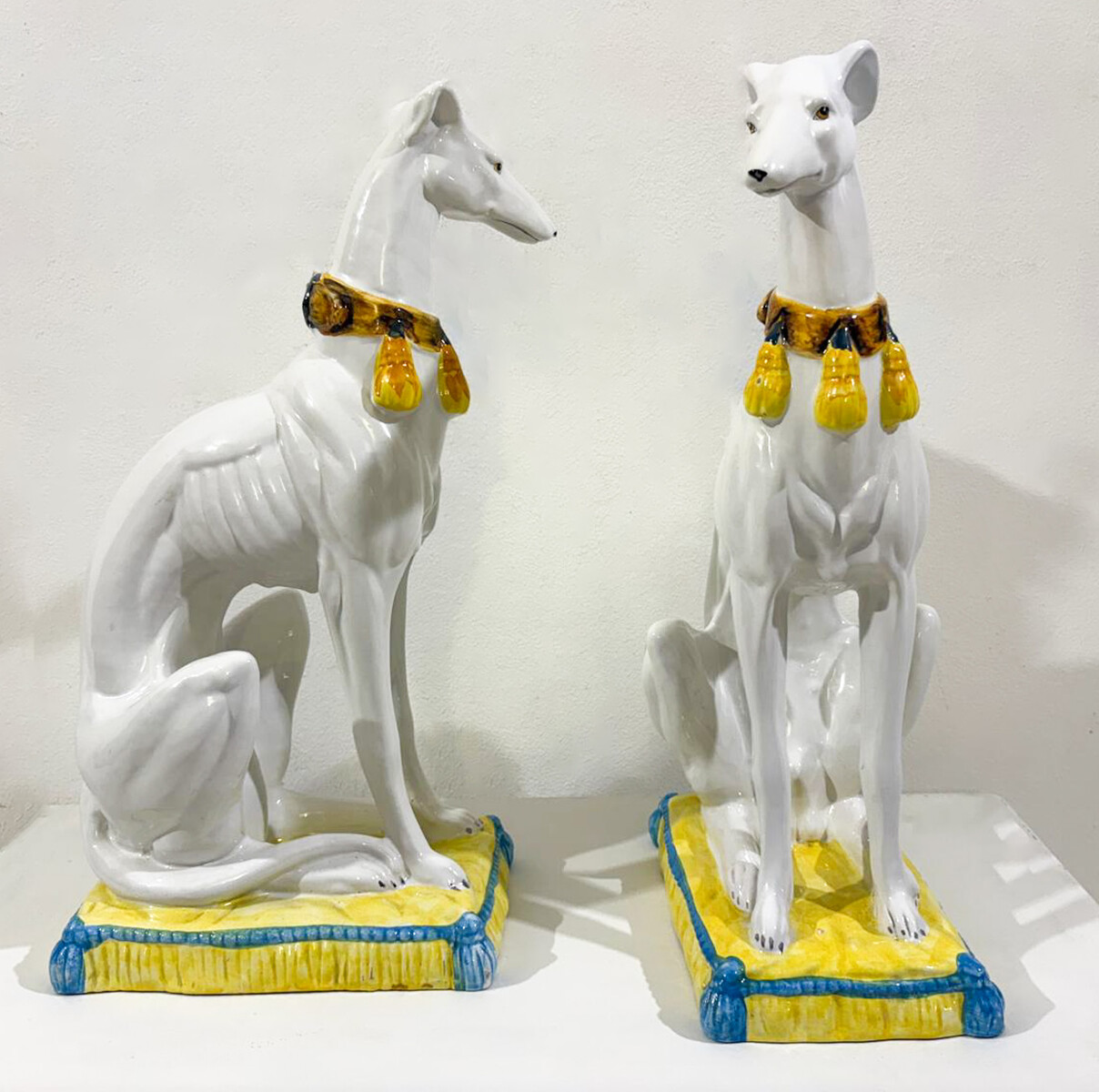 Pair of Mid-Century Italian Polychrome Glazed Terracotta Greyhounds