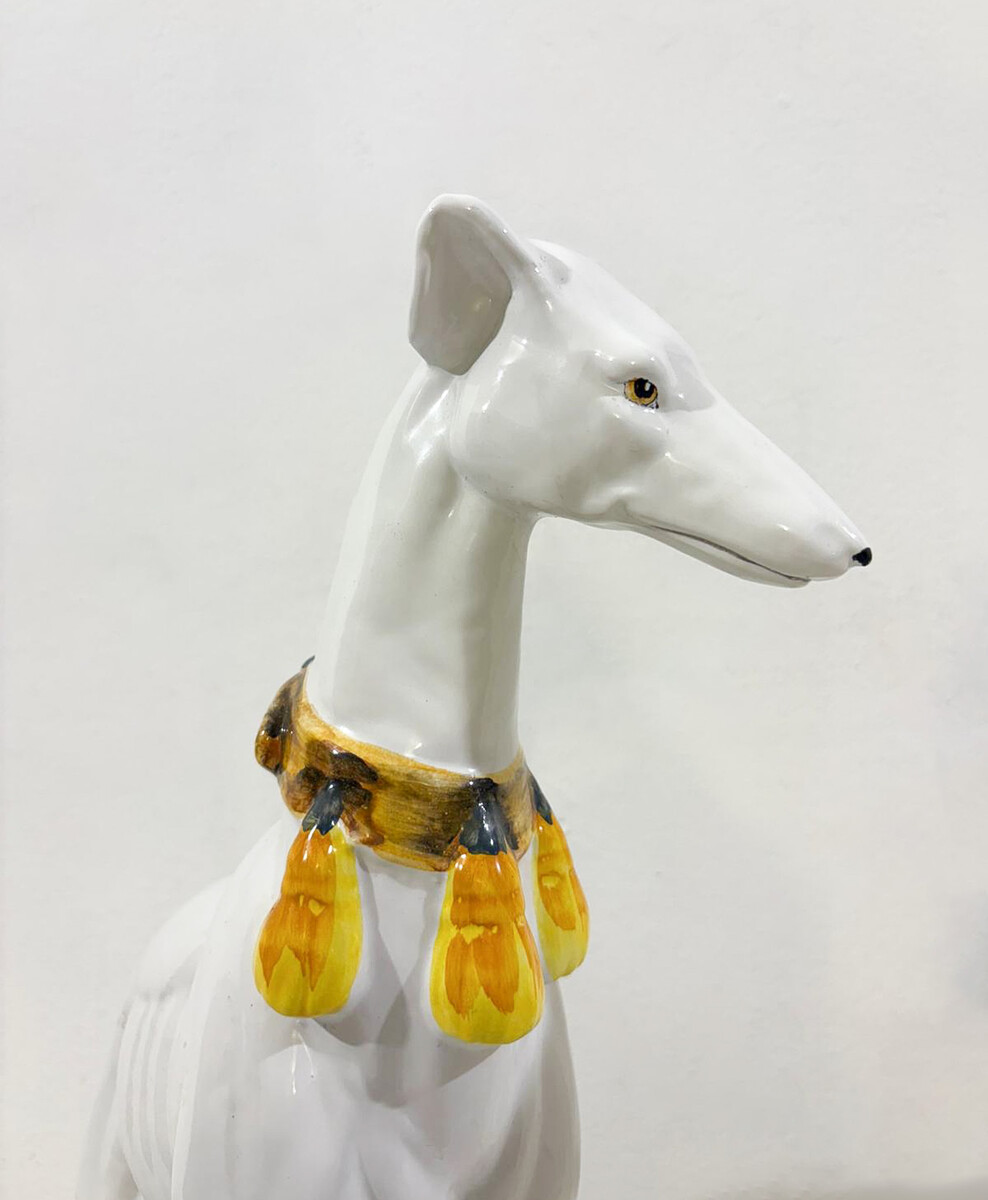 Pair of Mid-Century Italian Polychrome Glazed Terracotta Greyhounds