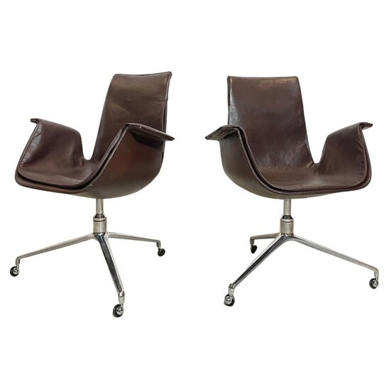 Pair of mid-century leather swivel FK armchairs by Preben Fabricius & Jorgen Kastholm - Denmark 1970s