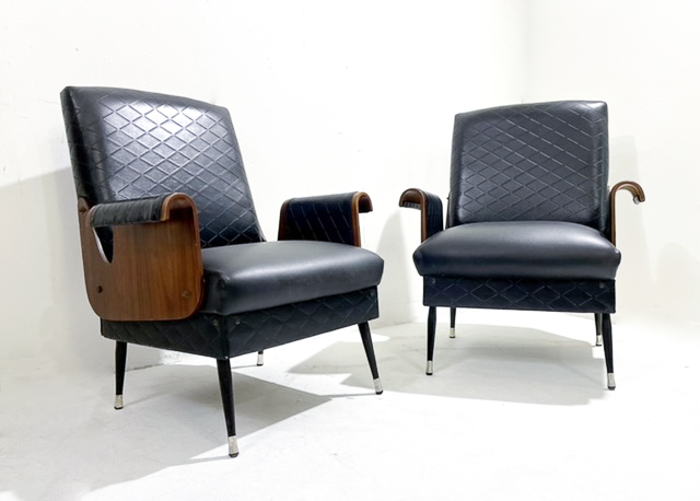 Pair of Mid-Century Modern Armchairs, Walnut and Vegan Leather, Italy, 1960s