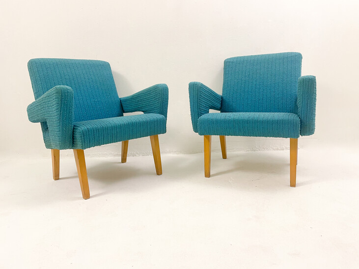  Pair of Mid-Century Modern Blue Czech Armchairs, 1950s