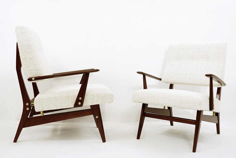 Pair of Mid-Century Modern Italian Armchairs, Wood and White Fabric