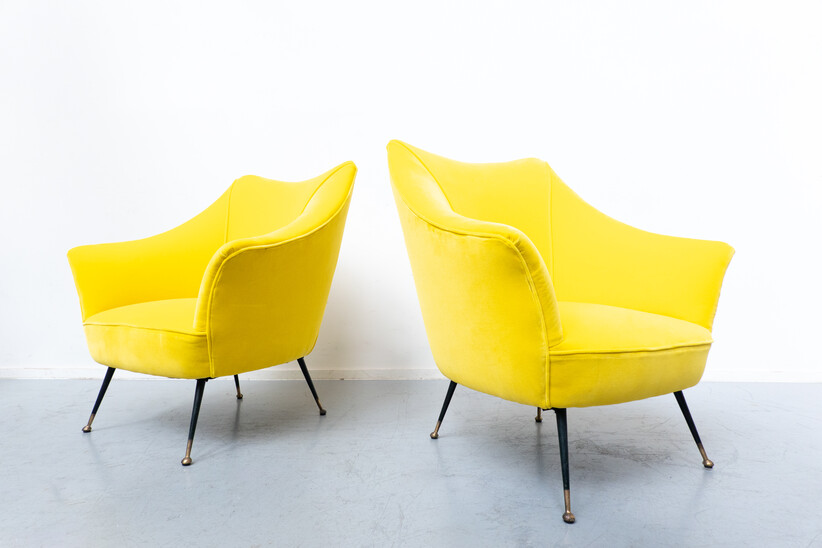 Pair of Mid-Century Modern Italian Yellow Fabric Armchairs, 1960s