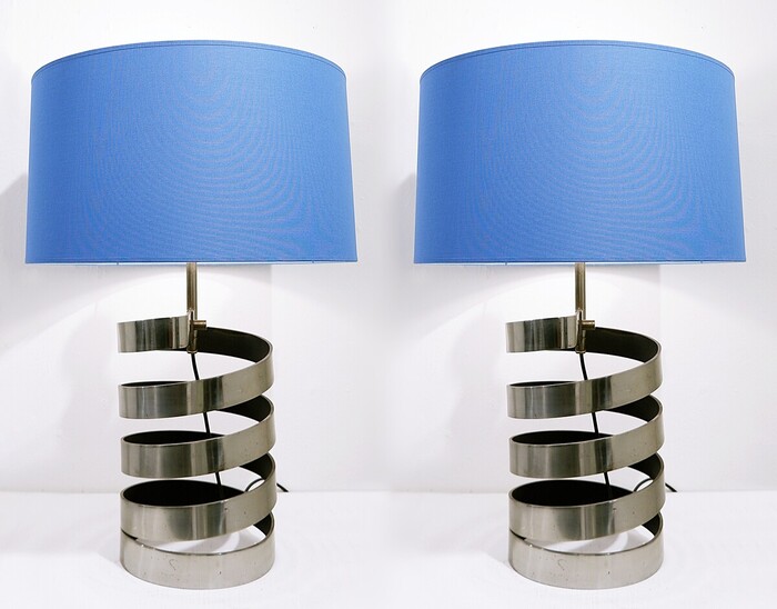 Pair of Mid Century Modern Table Lamps in brushed steel by Jacques Charpentier - France 1970s
