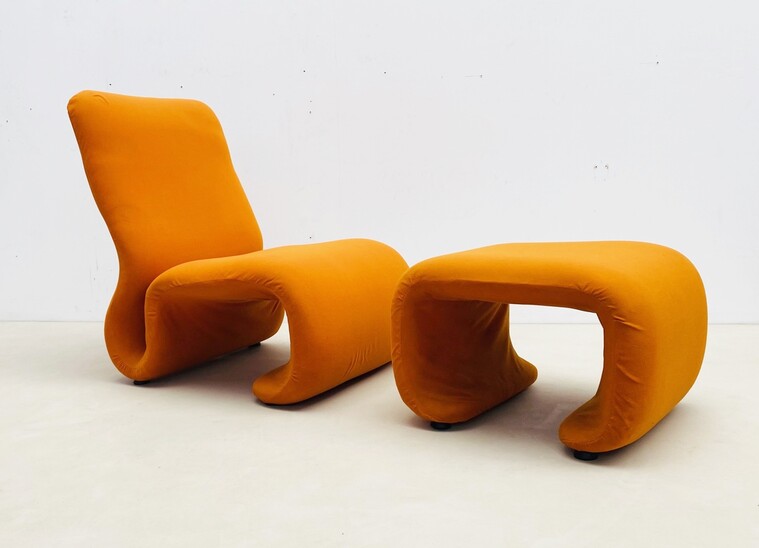 Pair of mid-century orange lounge chair with ottoman by Olivier Mourgue - France 1970s