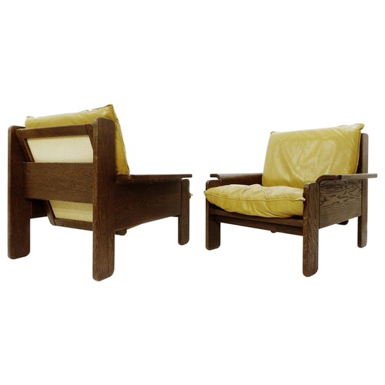 Pair of Mid-century Wood and Leather Armchairs - Belgium 1970s