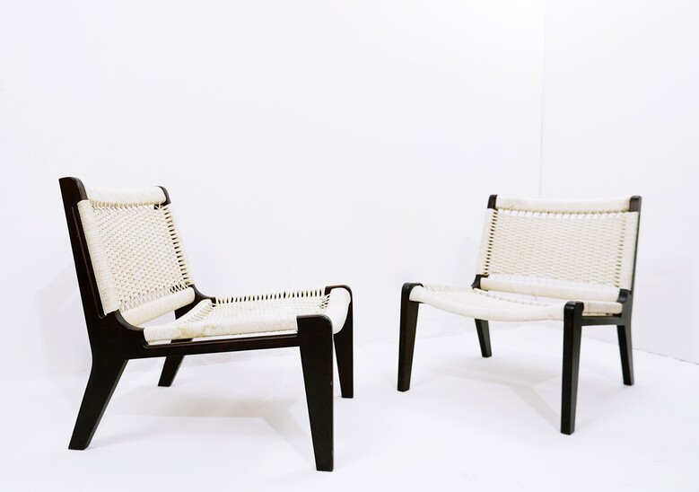 Pair of Mid-Century Wood and Rope Lounge Chairs - Italy 1960s