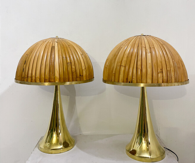 Pair of Modern Brass and Bamboo Table Lamps, Italy