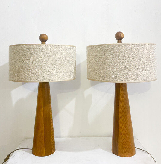  Pair of Modern Conical Wooden Table Lamps, Boucle Lampshade, Italy