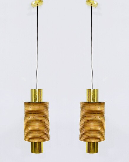 Pair of Modern Italian Brass and Bamboo Pendants