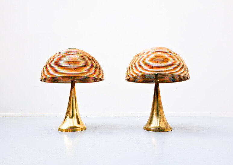 Pair of modern italian brass and bamboo table lamp